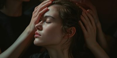 Several hands gently placed on the head of a person with brown hair, who is looking slightly upwards. The background is dark, and the lighting is soft, creating a serene and intimate atmosphere.