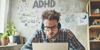 man-concentrating-with-headphones-while-working-laptop-adhd-brainstorming-notes-visible_653240-42255