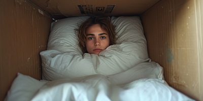 A person lying inside a cardboard box with white pillows and bedding, with the face blurred out.