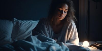 A person sitting on a bed in a dimly lit room, wrapped in a blanket, with a small light bulb glowing on the bed beside them.